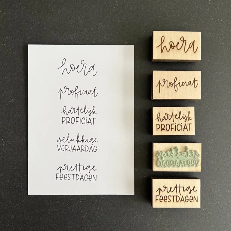 Stempels van By Birthe: Hoera, Proficiat, Hartelijke proficiat, Gelukkige verjaardag en Prettige feestdagen